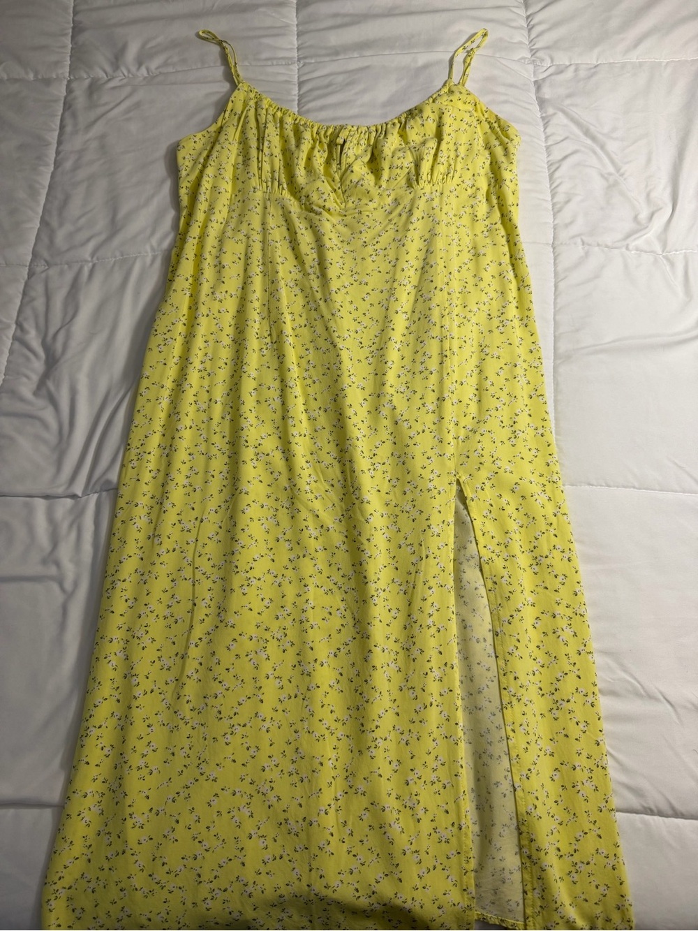 Divided Yellow Floral Slip Maxi Dress with Side Slit